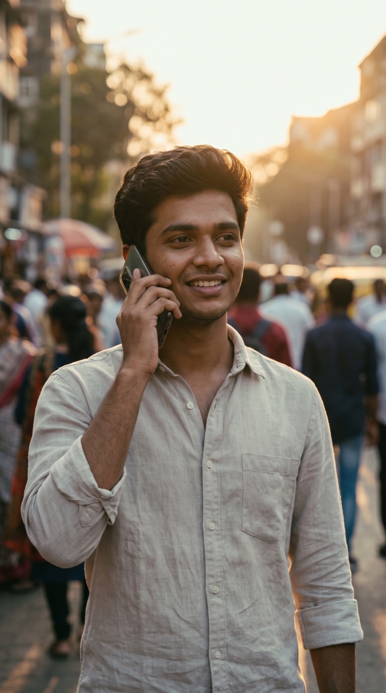 एक युवा मतदाता फ़ोन पर बात करते हुए
