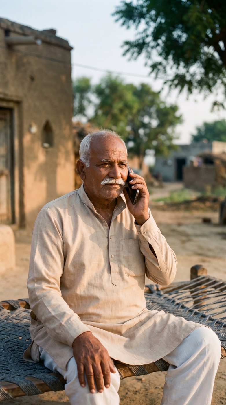एक वरिष्ठ मतदाता गाँव में फ़ोन पर बात करते हुए