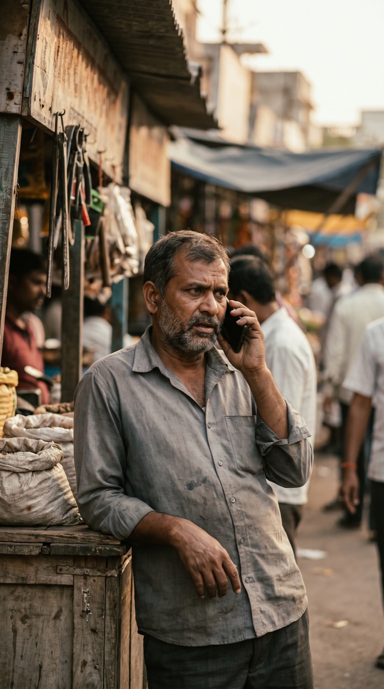 एक मतदाता बाज़ार में फ़ोन पर बात करते हुए