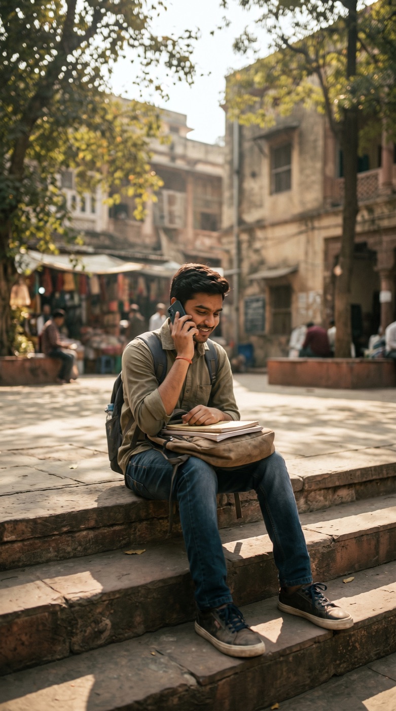 एक हाई-स्कूल छात्र सीढ़ियों पर फ़ोन पर छात्रवृत्ति की जानकारी लेते हुए